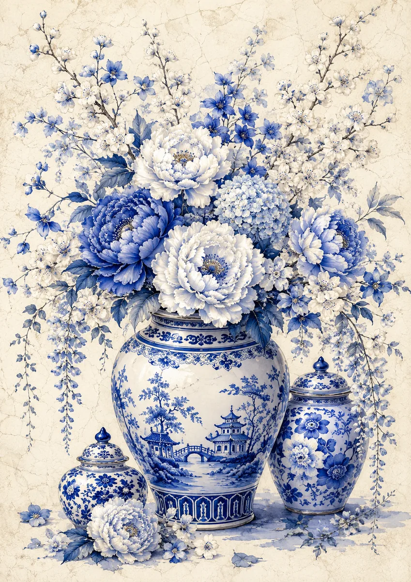 Blue-and-white peonies, hydrangeas, and flowering branches arranged in chinoiserie ginger jars